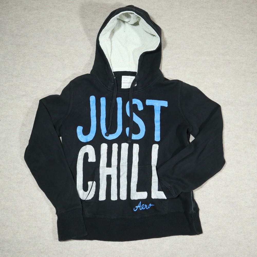 Aeropostale Just Chill Graphic Hoodie Womens Large Black Y2K Skater Grunge 0356